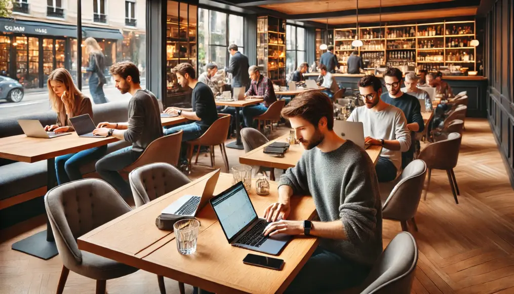 People working remotely in a modern café