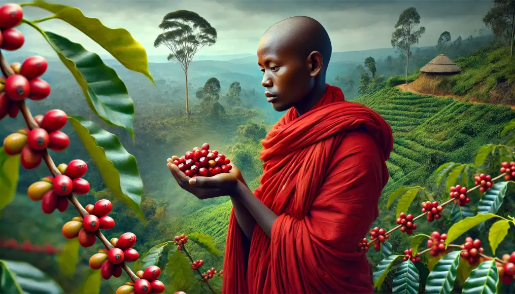 A monk holding red coffee cherries, representing their discovery