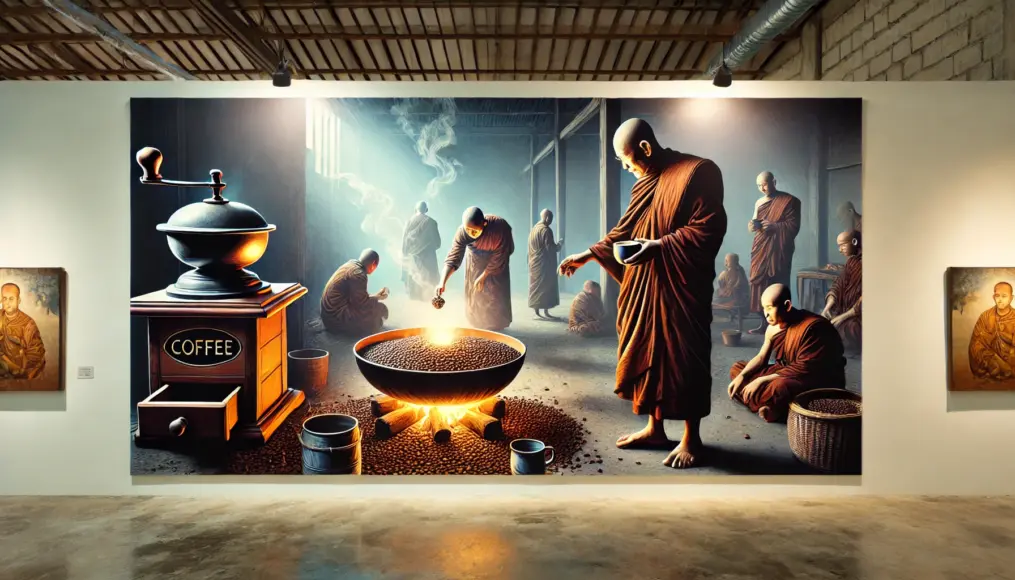 An image depicting monks experimenting with coffee roasting