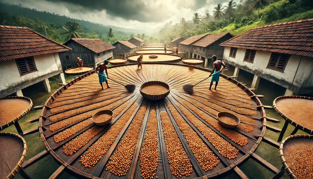 Monsoon Malabar coffee beans drying in the sun in India