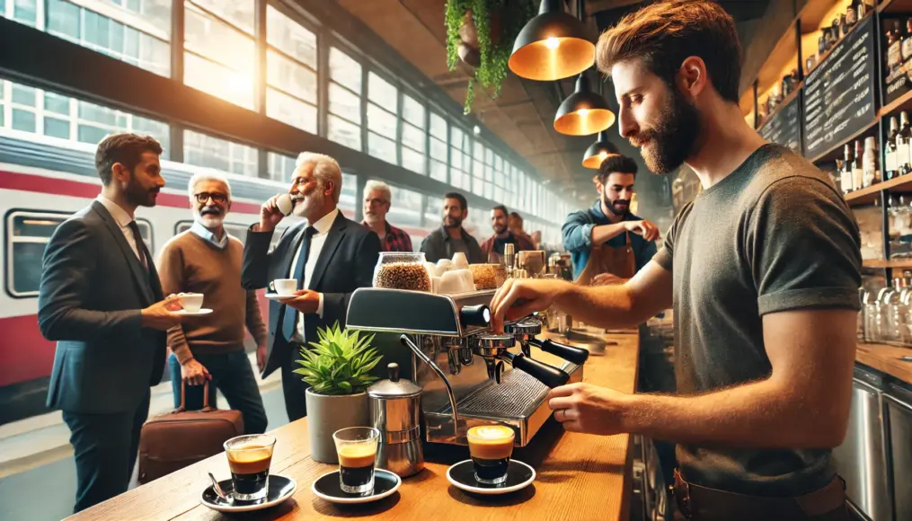 Italians enjoying espresso in the morning at a café. A barista serves espresso at the counter while busy commuters enjoy a quick coffee.