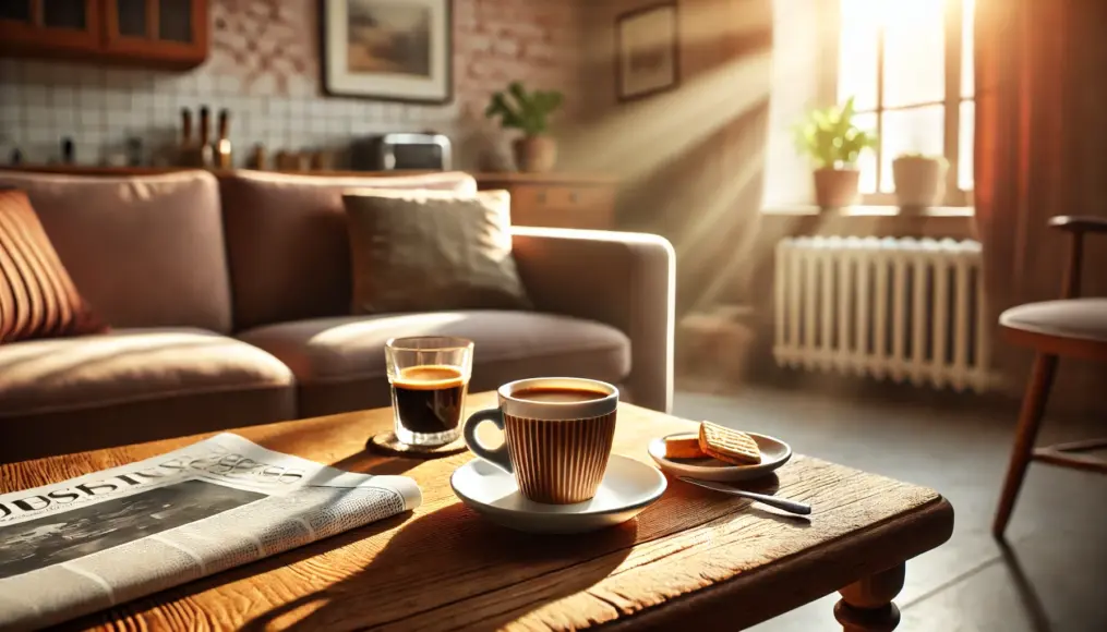 A morning scene in a cozy kitchen, as espresso is brewed, filling the space with a rich coffee aroma.