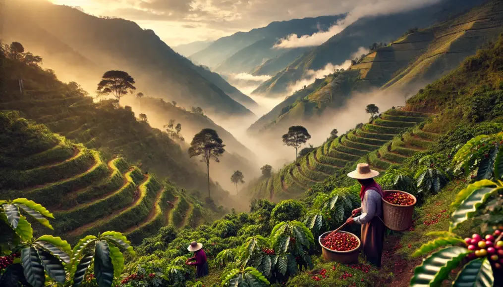 A high-altitude coffee plantation in South America, surrounded by mist-covered mountains, with farmers harvesting coffee by hand