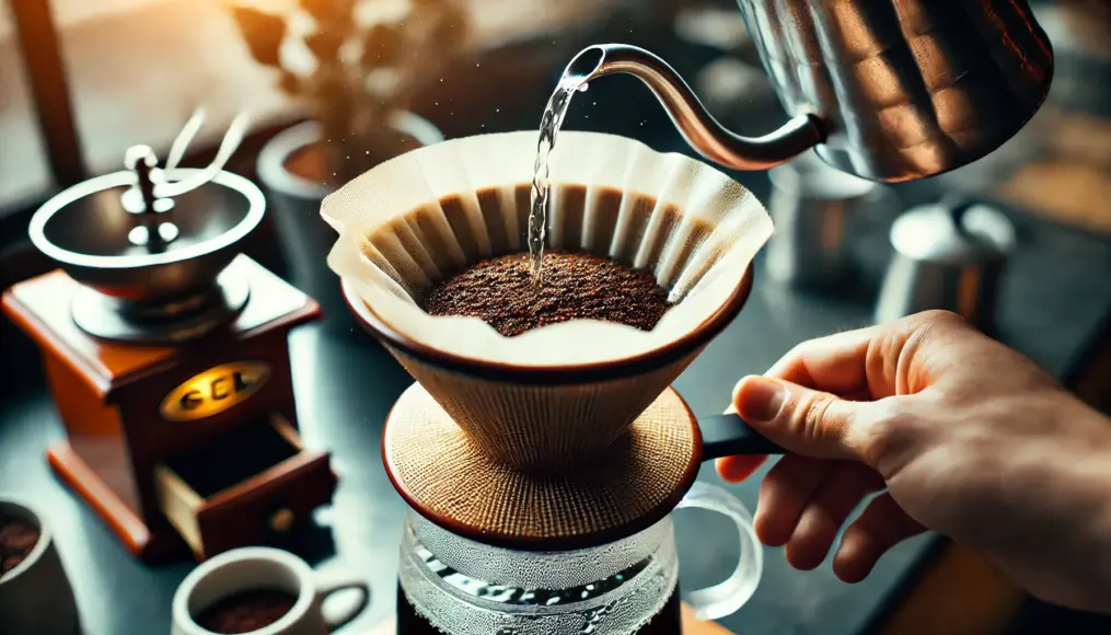 A café counter featuring a cloth drip coffee setup. Hot water is slowly poured over the cloth filter, emphasizing the fabric texture