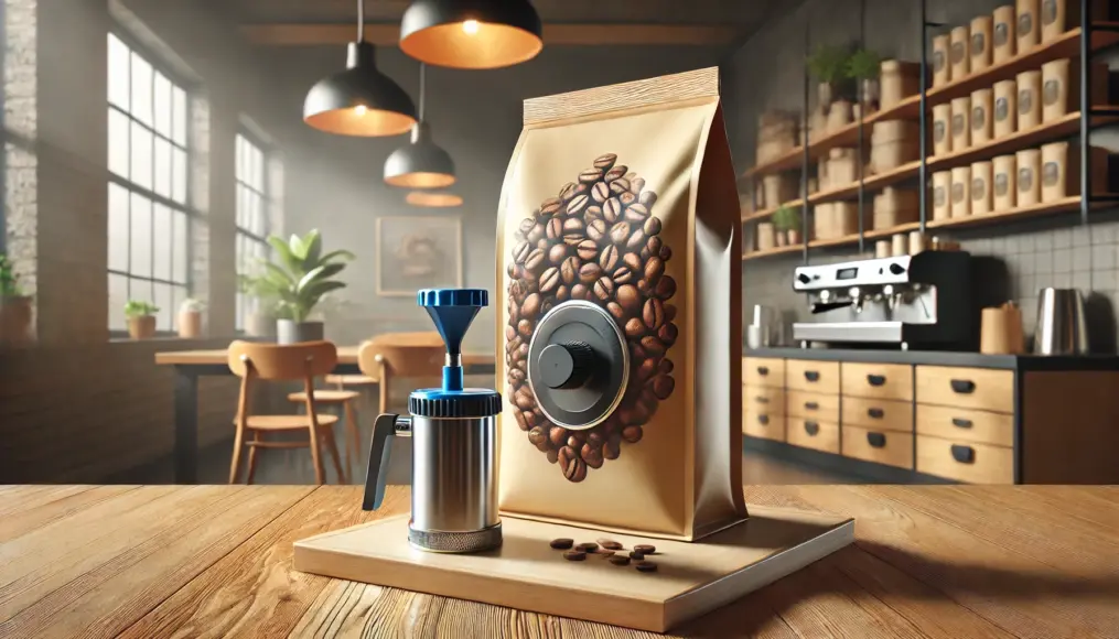 Coffee bags with one-way valves. A modern coffee bag design with a valve, placed on a table.