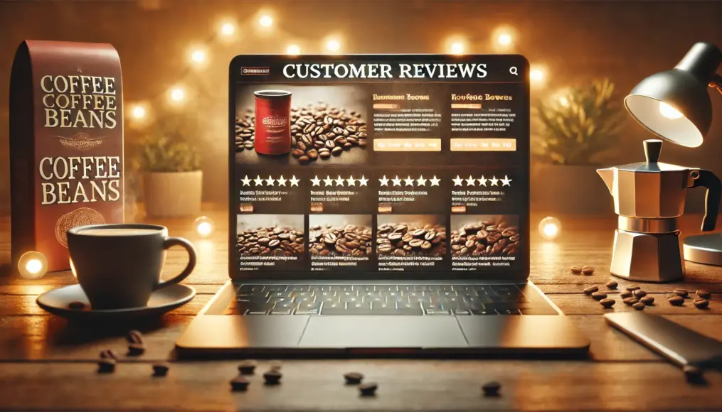 A laptop screen displaying online shop reviews for coffee beans, providing insights for a reliable purchase.