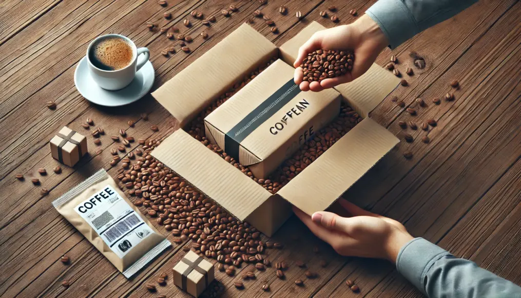 A coffee bean package being unboxed from a delivery box on a wooden table, representing online purchase risks and solutions.