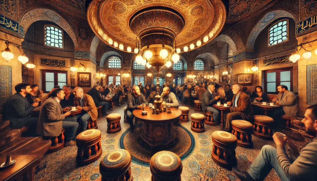 A traditional Ottoman coffee house in Istanbul, with people enjoying coffee and engaging in lively conversations.