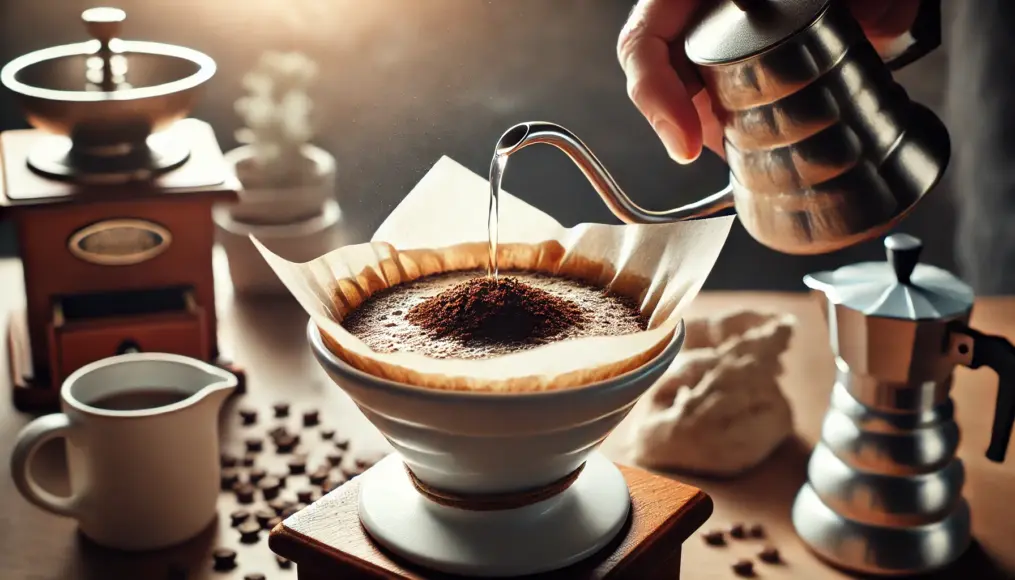 Brewing coffee with a paper drip filter. Hot water is being poured over the white paper filter, highlighting the brewing process