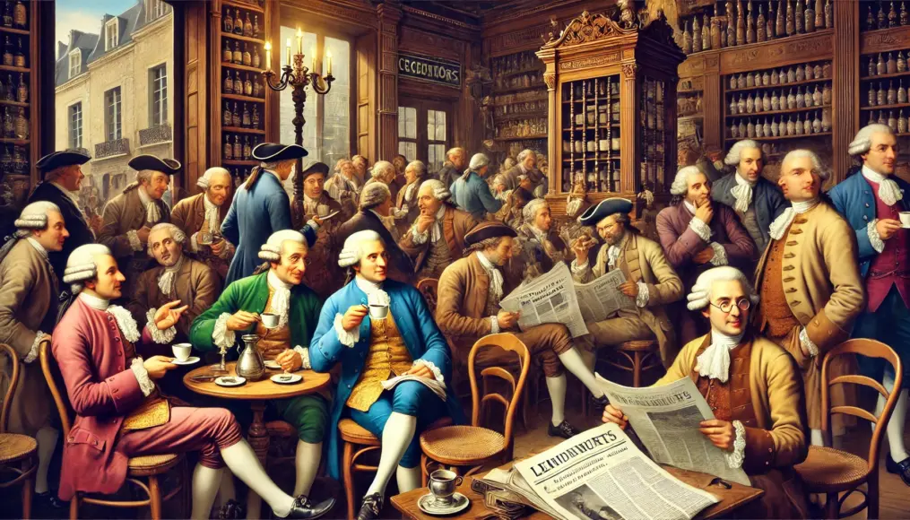 A lively scene of an 18th-century Parisian café, where aristocrats and scholars engage in heated discussions over coffee, while newspapers are read in a corner