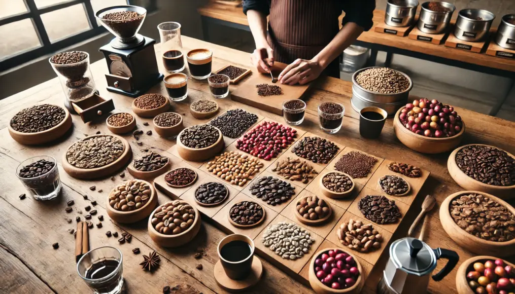 A coffee roastery table displaying various coffee beans. A selection of peaberry beans is at the center, surrounded by beans from different origins. A barista is conducting a blend experiment.