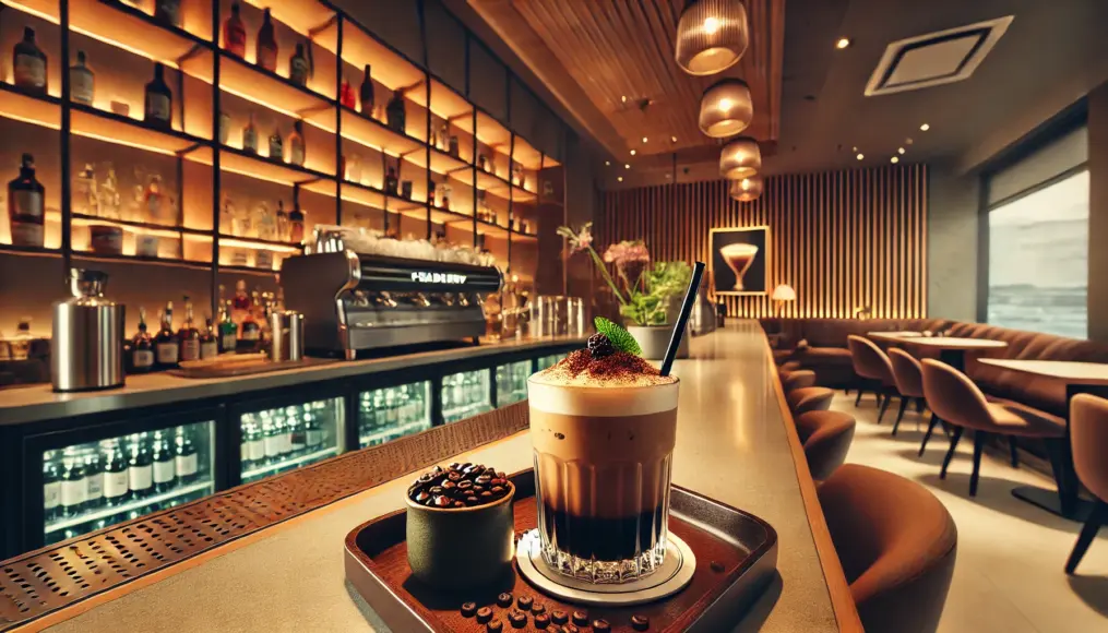 A modern café counter serving a specialty peaberry coffee cocktail. The drink is beautifully presented with a small dish of peaberry beans on the side.