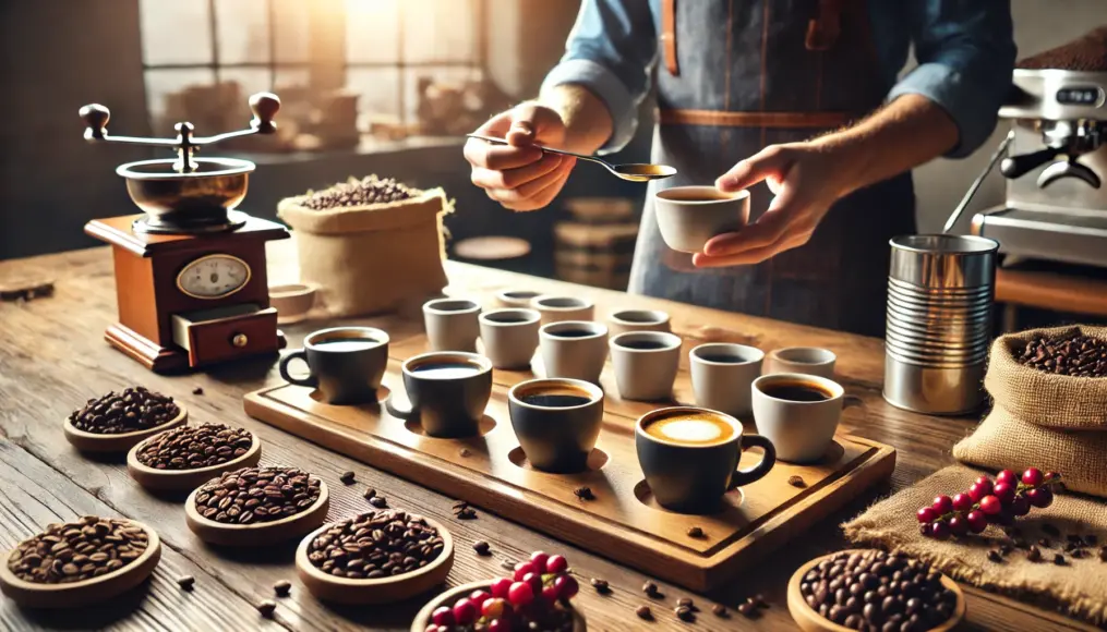 A coffee cupping session featuring peaberry beans. Multiple cups of brewed coffee are lined up, with a professional carefully evaluating aroma and flavor.