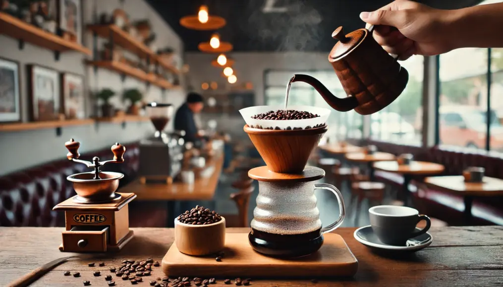 A hand-drip coffee brewing scene using peaberry beans. Hot water is slowly poured over the grounds, releasing an aromatic steam. In the background, a wooden counter with coffee cups is visible.