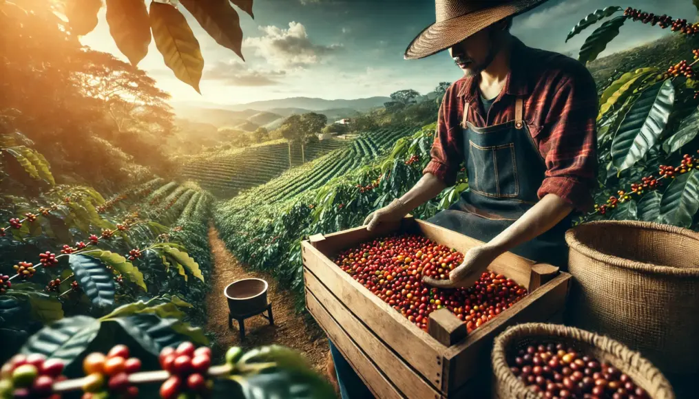 Harvested peaberry beans at a coffee farm. Workers are hand-selecting peaberries from ripe coffee cherries. The background shows a lush coffee plantation under natural sunlight.