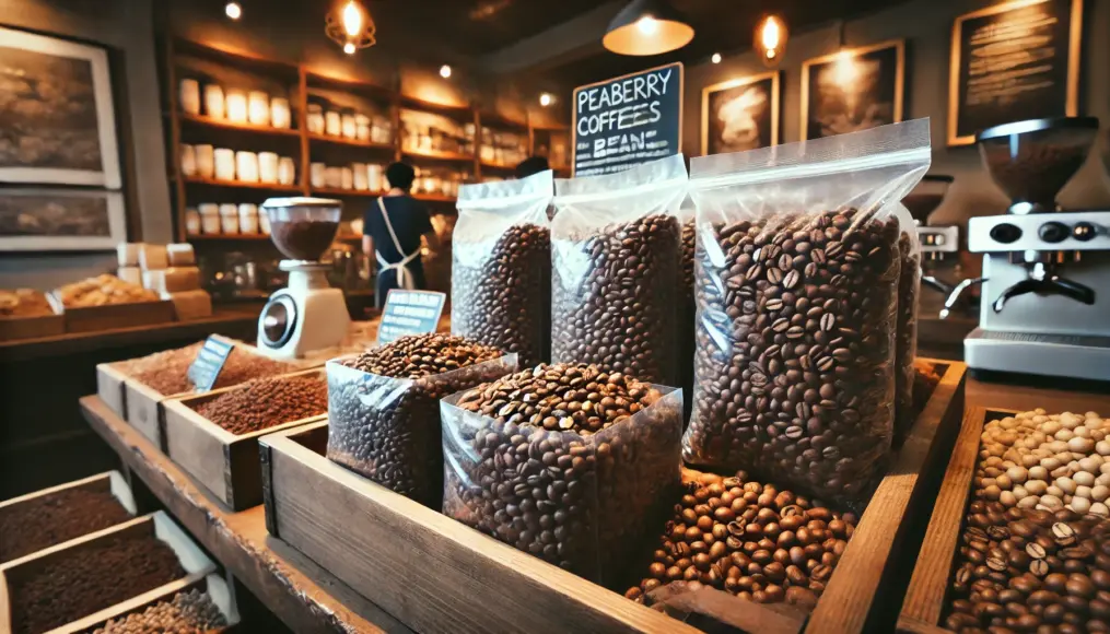 Bags of peaberry coffee beans displayed in a market. The beans are neatly packed in transparent packaging, showcasing their uniform round shape. In the background, a wooden counter of a coffee shop can be seen.