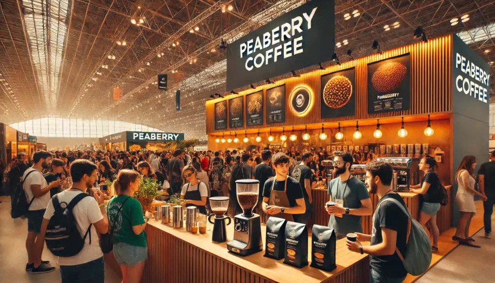 A coffee festival venue bustling with people sampling coffee and discussing flavors. A special booth is dedicated to peaberry coffee, showcasing its rising popularity.