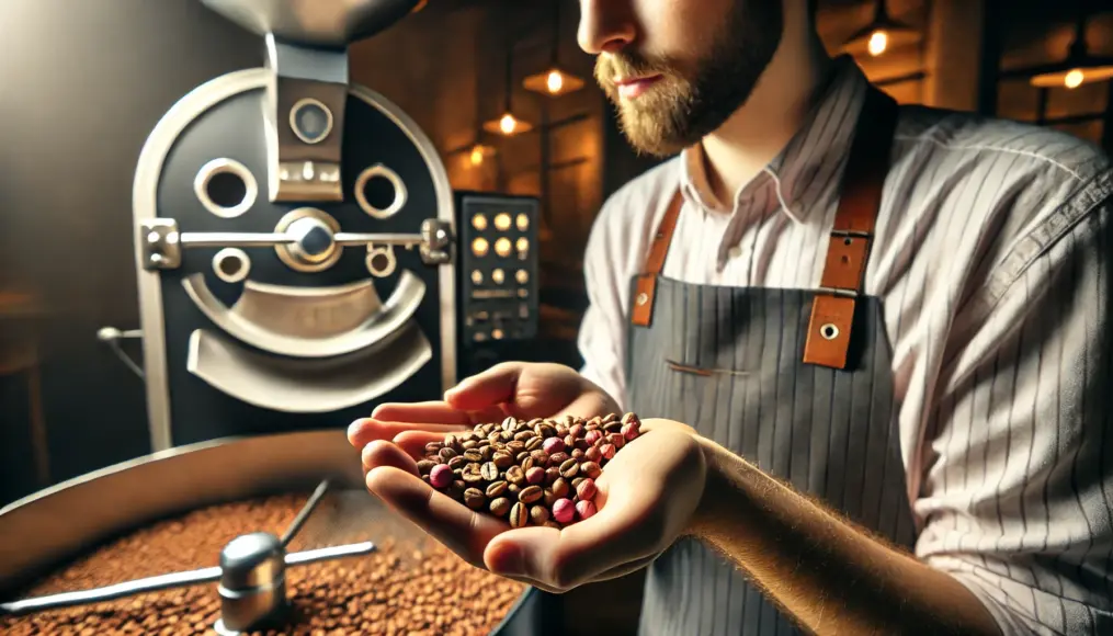 A barista holding raw peaberry beans, inspecting their shape and color for quality. In the background, a coffee roaster is visible.