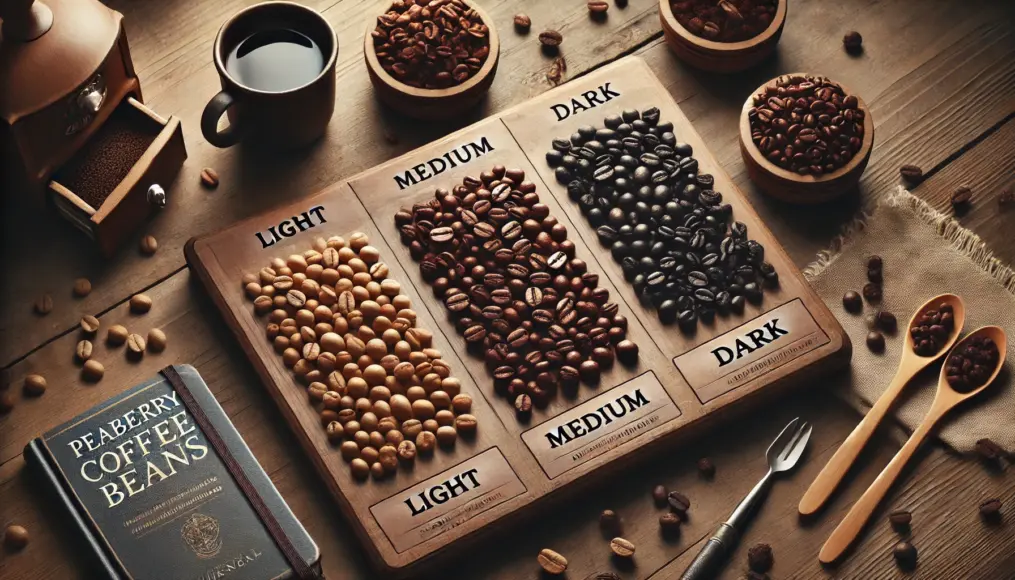 A side-by-side comparison of peaberry beans at different roast levels. From left to right, light, medium, and dark roasted beans are displayed, clearly showing the color differences. In the background, a roasting journal and cupping spoons are placed.