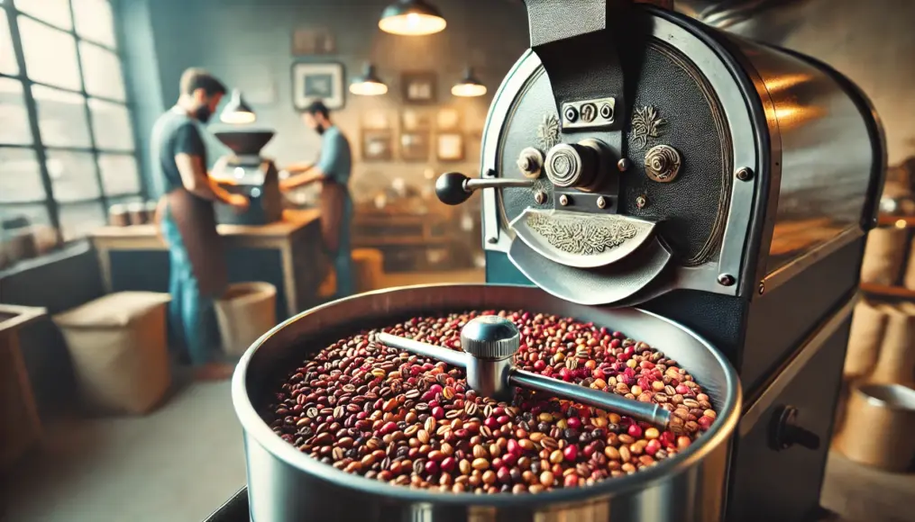 Peaberry beans roasting evenly inside a coffee roaster. The color change of the beans is visible through the roaster's window. In the background, a coffee shop workspace is seen.