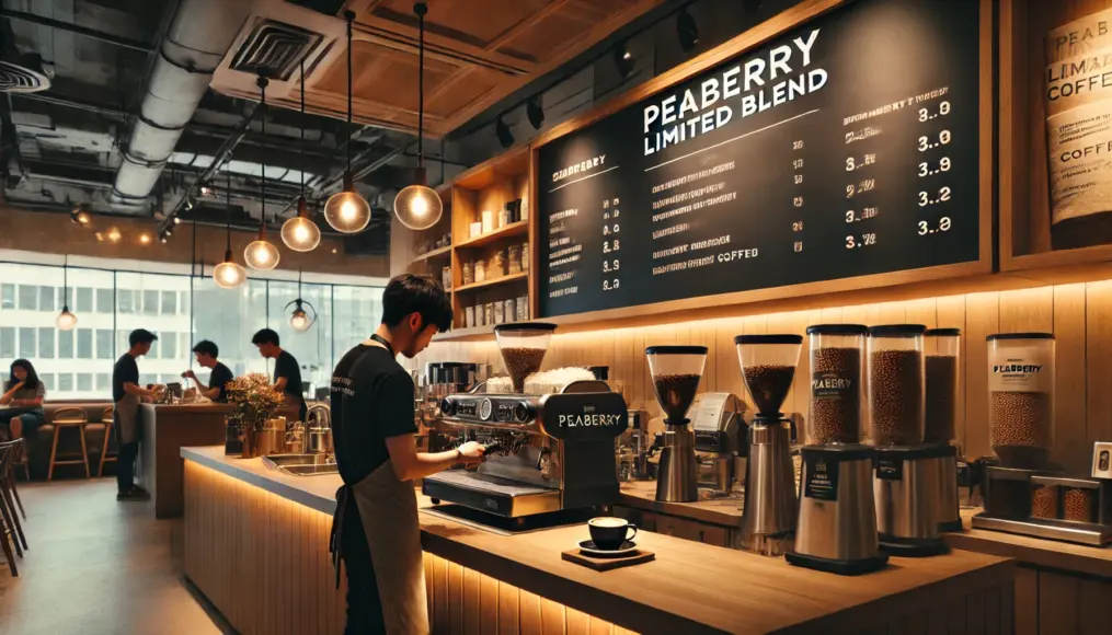 A specialty coffee shop counter where a barista is preparing a cup of peaberry coffee. The menu board prominently features “Peaberry Limited Blend.”