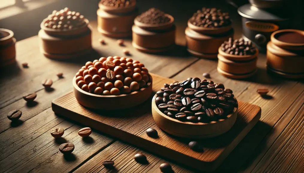 A comparison of peaberry coffee beans and regular coffee beans. The peaberry beans are round, while the regular beans are flat. They are neatly arranged on a wooden table, showcasing the textural differences.