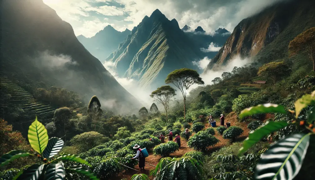 A coffee plantation at the foot of the Andes Mountains in Peru, where coffee trees thrive in the high-altitude misty environment