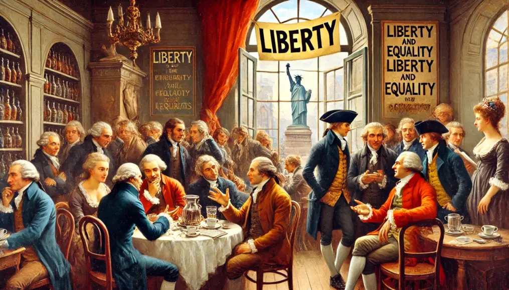 Philosophers and citizens discussing liberty and equality in an 18th-century café. A slogan reading "Liberty" hangs on the wall.