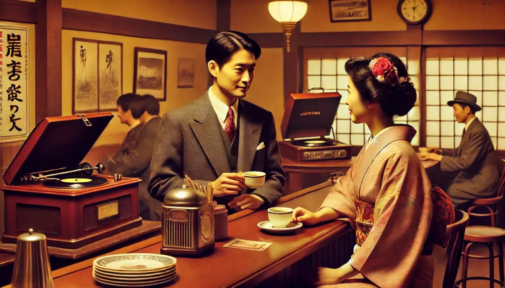 People enjoying coffee in a post-war Japanese café. A woman in a kimono and a man in a suit chat at the counter. A record player is playing jazz music in the background.