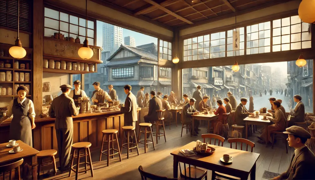 A bustling café in a post-war Japanese cityscape