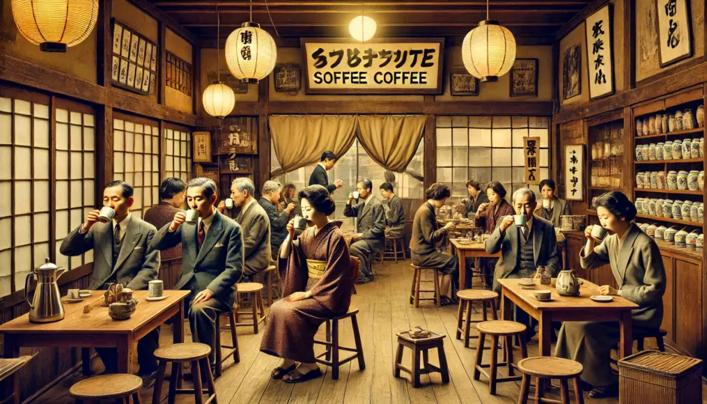 People drinking substitute coffee in a pre-war Japanese café