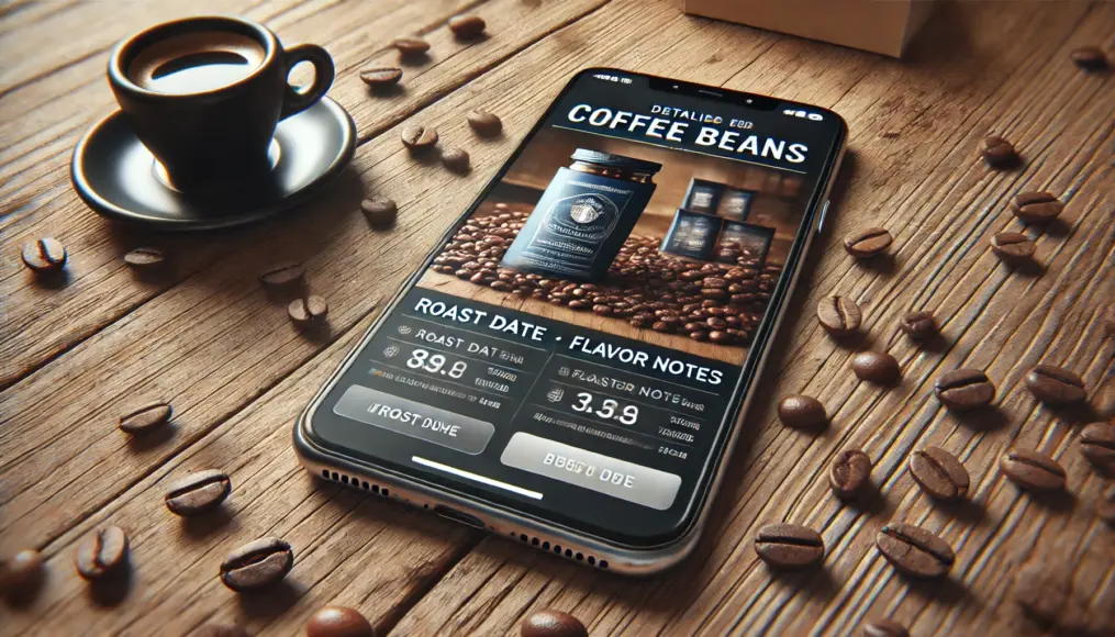 A smartphone screen showing a detailed product page for coffee beans, highlighting roast date and flavor notes.