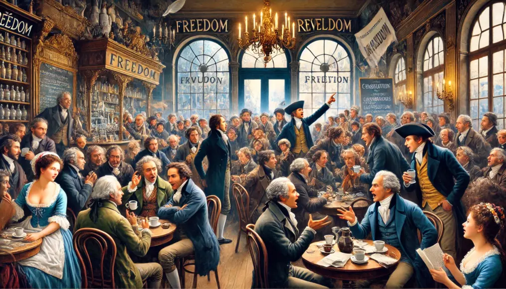 A café filled with people discussing freedom