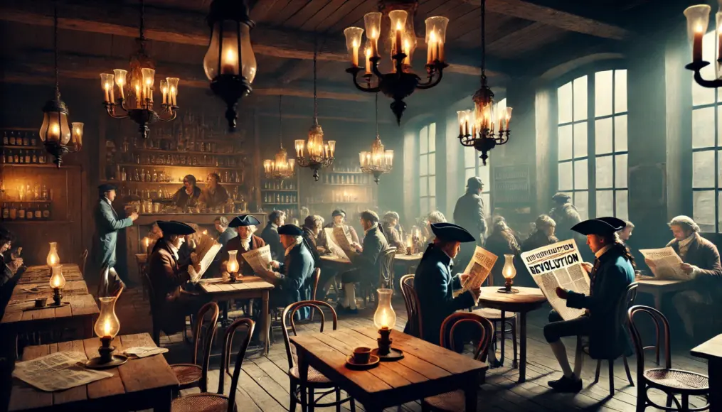 Citizens reading newspapers in a revolutionary café