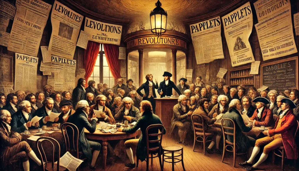 A scene in an 18th-century Parisian café where revolutionary ideas are being discussed. Intellectuals and citizens are gathered around a central table, engaging in intense conversations, while pamphlets are posted on the walls.