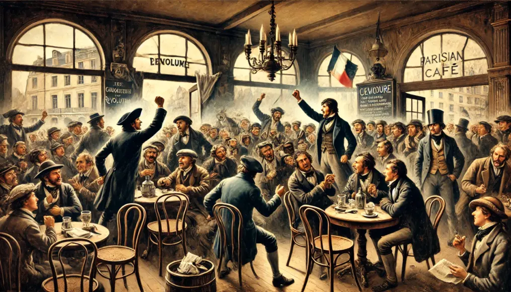 A scene in a Parisian café just before the revolution, where citizens are rallying for action. Some raise their fists while others engage in fervent discussion.