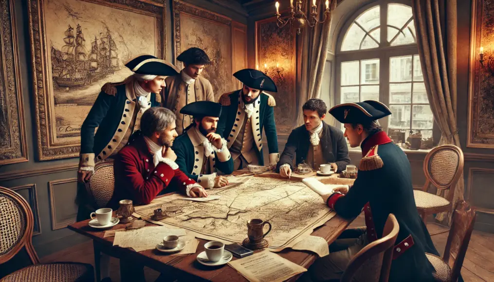 Revolutionary leaders in an 18th-century café gathered around a table, strategizing with maps and documents in front of them.