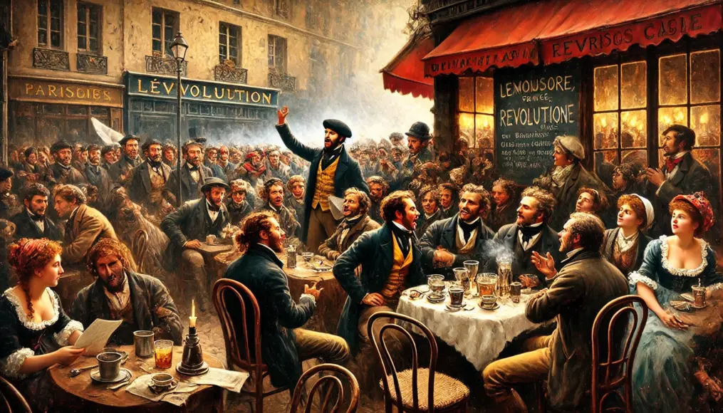 A pre-revolutionary Parisian café where citizens are passionately discussing plans for change. The atmosphere is charged with determination and excitement.