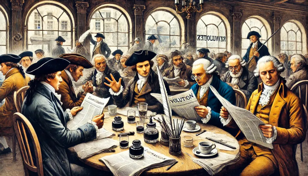 Revolutionaries in an 18th-century café debating politics while reading newspapers. Ink bottles and writing tools sit on the tables, adding to the atmosphere of intense discussion.