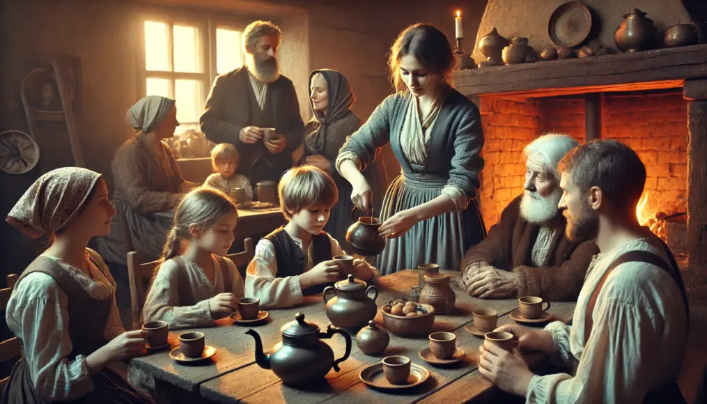 Revolutionary-era family gathered around a table, brewing coffee at home