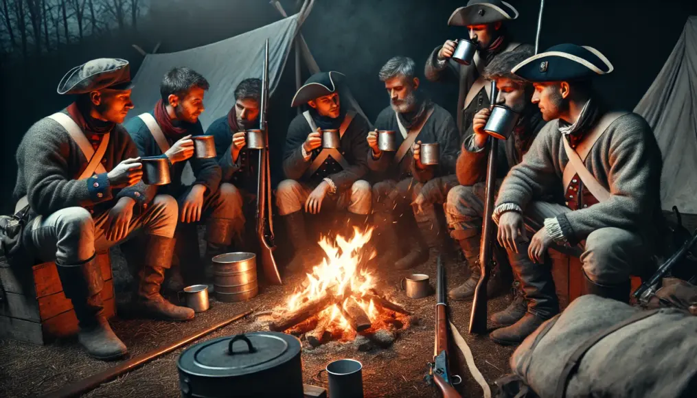 Revolutionary soldiers gathered around a campfire, drinking coffee to stay warm and energized