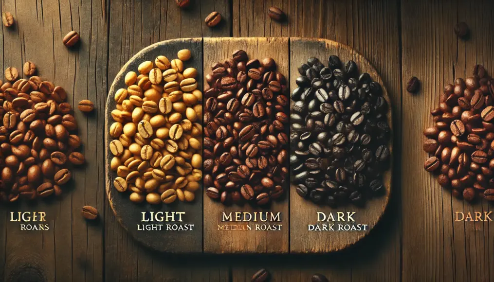 A comparison of three roast levels: light (golden brown), medium (slightly darker brown), and dark (almost black). The visual difference highlights the roasting impact.