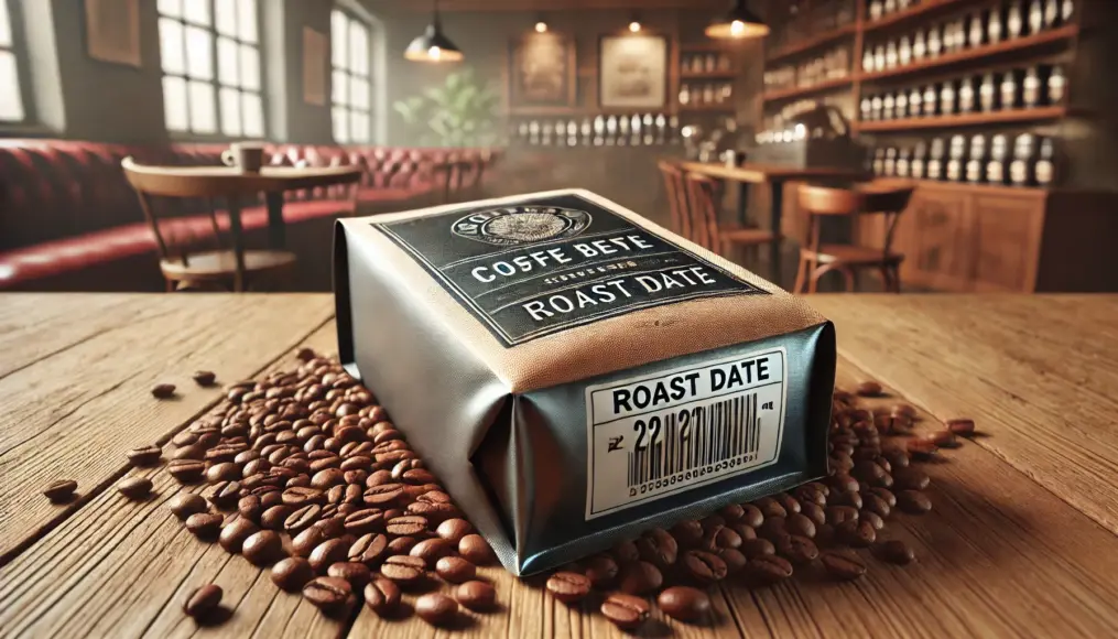 Coffee bean packaging with a visible roast date. Close-up of high-quality packaging where the roast date is prominently displayed.