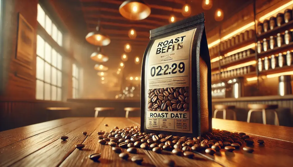 A photo of coffee bean packaging with the roast date clearly visible. The packaging is placed on a wooden table under warm lighting.