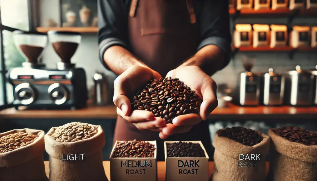 A barista examining coffee beans of different roast levels, explaining the variations in taste.