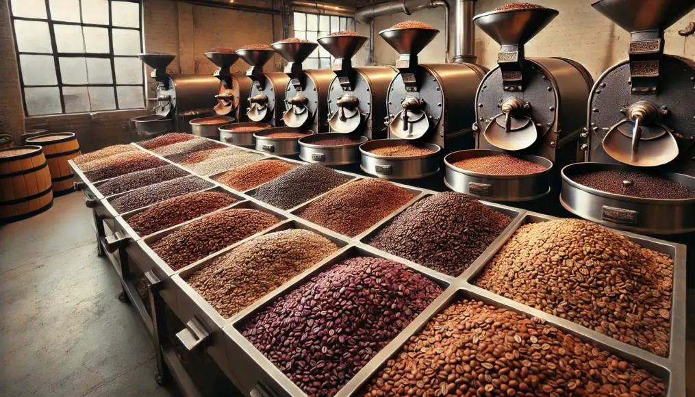 Coffee beans of different roast levels arranged to showcase their color and texture differences.