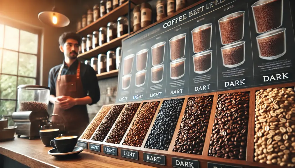 A counter displaying coffee beans of various roast levels, from light to dark. The differences in color are clearly visible.