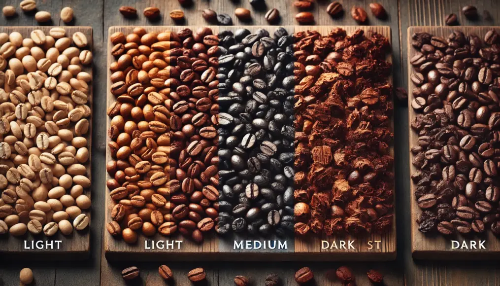 A comparison of coffee beans at different roast levels, highlighting variations in color and texture