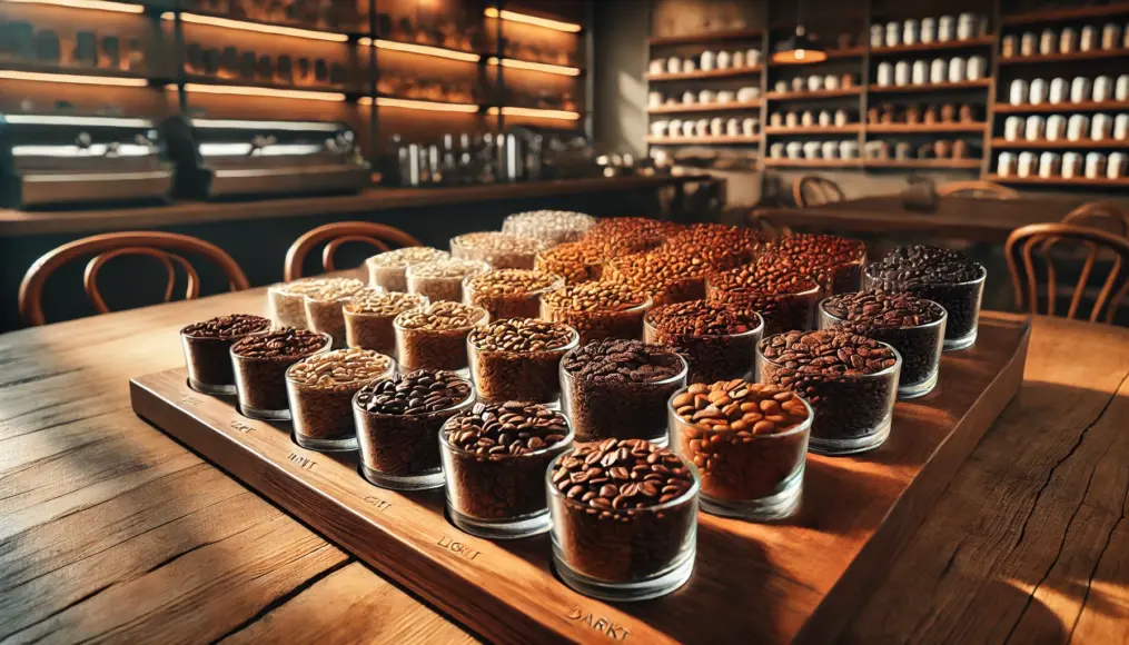 A display of coffee beans at different roast levels. The color variations from light to dark roasts are clearly visible.