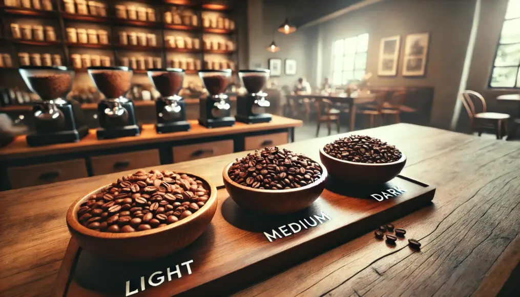 Coffee beans arranged by roast level—light, medium, and dark—placed in separate bowls for comparison. A café counter is subtly visible in the background.